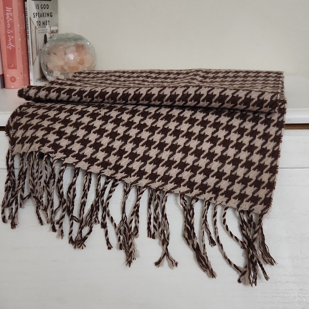 100% Clear Silk Tassel Scarf Unisex Camel beige Brown Houndstooth Luxury - Picture 6 of 10